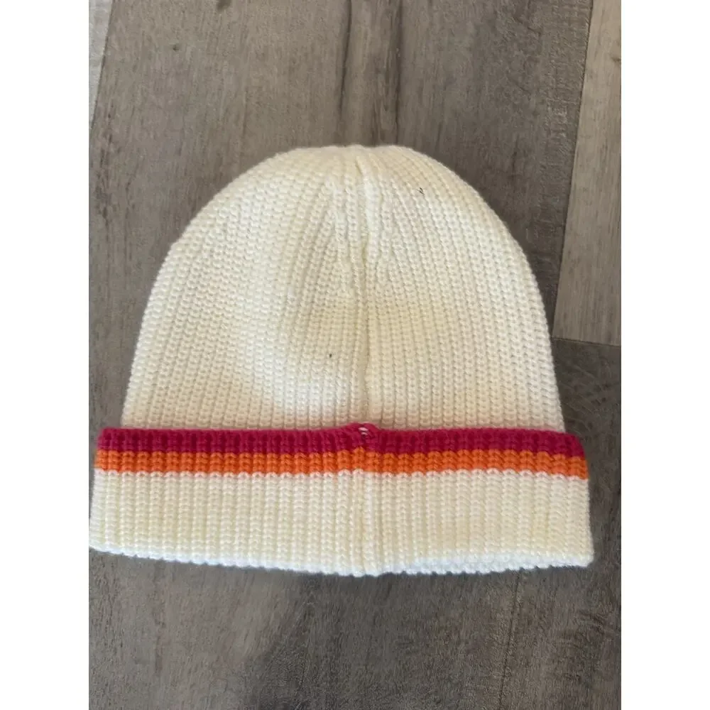 Dunkin Hat Beanie Cuff Knit White Pink Orange Stripe DNKN Winter Warm Unisex - Picture 4 of 4